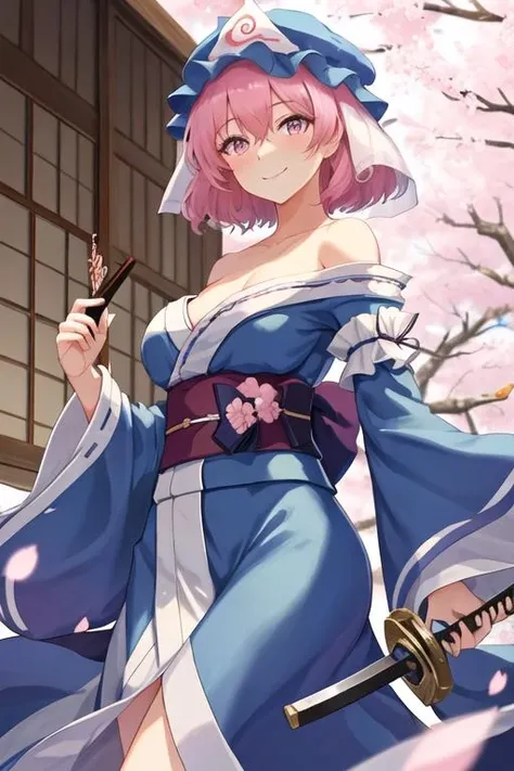 pink hair、bob cut、A little quirky hair、red eyes、blue kimono、a beautiful woman with big breasts、blue frilly hat、cherry blossom pattern、Have a fan、white tabi socks、The background is fantastic night cherry blossoms、{highest quality}