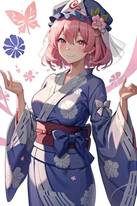 best quality, masterpiece, highres, solo, {yukata:1.40}, {kimono:1.20}, {saigyouji_yuyuko_touhou:1.15}, pink_hair, triangular_headpiece, hat, short_hair, pink_eyes, mob_cap, blue_headwear, bangs, smile, hair_between_eyes, upper_body, sash, , ribbon