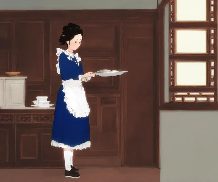 (masterpiece), sharp focus,best quality, beautiful detailed eyes,1girl,highly detailed,finely detailed,highres,best quality, solo, depth of field,light brown hair, swept bangs,short_hair,wavy hair,brown eyes,(((holding_dish))),two-handed dish, dish of Chinese cuisine,small_breast,flat_chest,white_stockings,blue dress,((white apron)),frills_apron,brown_shoes, kitchen, <lora:Wu_Guangyu_1024:1>, masterpiece, best quality,