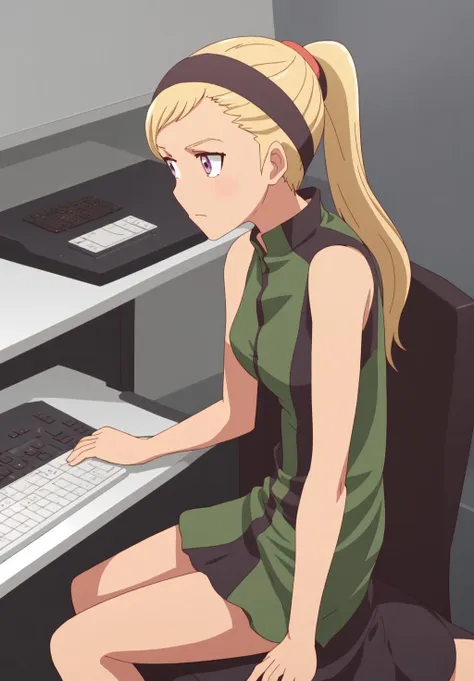 <lora:Quitterie_Raffaeli:0.8>, Quitterie_Raffaeli, 1girl, solo, bare shoulders, sitting, ponytail, sleeveless, computer