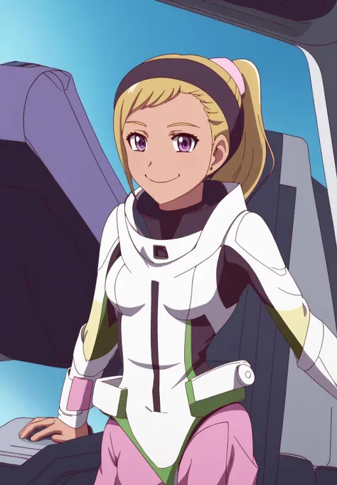 <lora:Quitterie_Raffaeli:0.8>, Quitterie_Raffaeli, 1girl, solo, closed mouth, ponytail, pilot suit, cockpit, smile