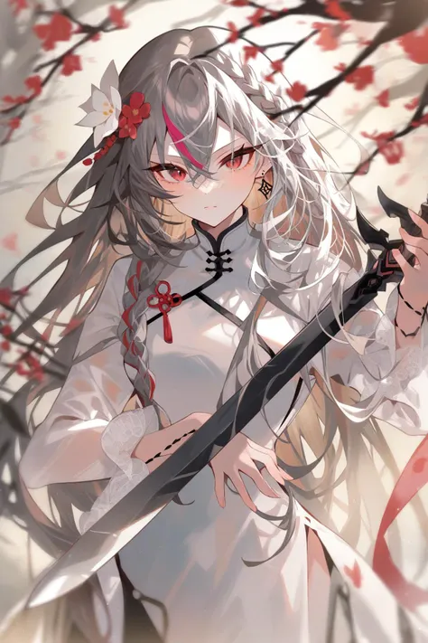 <lora:arutera_XL:1>,1girl, solo, weapon, red eyes, sword, hair ornament, holding weapon, long hair, looking at viewer, holding, flower, hair flower, holding sword, bangs, hair between eyes, braid, long sleeves, upper body, closed mouth, dress, multicolored hair, white dress, grey hair, jewelry, earrings, white hair, branch, streaked hair, chinese clothes