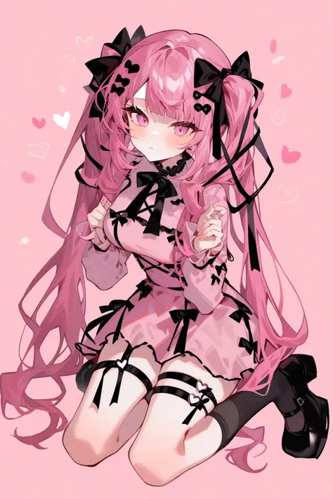 <lora:arutera_XL:1>,1girl, pink hair, solo, pink eyes, dress, heart, long hair, black footwear, twintails, pink dress, bow, ribbon, long sleeves, bangs, looking at viewer, hair ornament, jirai kei, socks, hair bow, kneeling, shoes, pink theme, blush, full body, breasts, black bow, thigh strap, very long hair, heart hair ornament, medium breasts, black ribbon