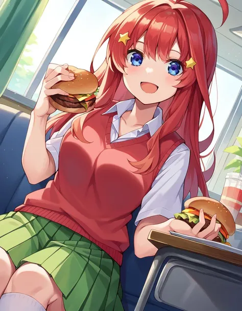 score_9, score_8_up, score_7_up, source_anime,
itsukinakano, <lora:itsuki-nakano-pruned-ponyxl-lora-nochekaiser:1>,
itsuki nakano, bangs, blue eyes, hair between eyes, ahoge, red hair, star \(symbol\), hair ornament, star hair ornament, smile, open mouth,
skirt, shirt, school uniform, collarbone, white shirt, short sleeves, pleated skirt, socks, collared shirt, miniskirt, kneehighs, white socks, green skirt, sweater vest, red sweater vest,
indoors, restaurant, eating, burger,
looking at viewer, cowboy shot, dutch angle,