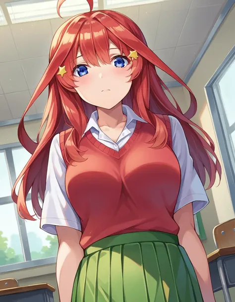 1girl, alone, Itsuki Nakano, long hair, red hair, bangs covering forehead, hair ornament, star ornament, on the sides of the head, blue eyes, embarrassed, neutral expression, classroom, white shirt, red sweater ,green skirt, white stockings, big breasts, medium hips, wide thighs