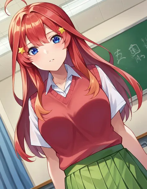 score_9, score_8_up, score_7_up, source_anime,
itsukinakano, <lora:itsuki-nakano-pruned-ponyxl-lora-nochekaiser:1>, 
itsuki nakano, bangs, blue eyes, hair between eyes, ahoge, red hair, star \(symbol\), hair ornament, star hair ornament, mature female,
skirt, shirt, school uniform, collarbone, white shirt, short sleeves, pleated skirt, socks, collared shirt, miniskirt, kneehighs, white socks, green skirt, sweater vest, red sweater vest,
indoors, classroom, 
looking at viewer, cowboy shot, dutch angle,
