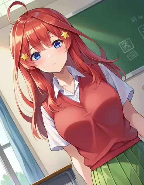 score_9, score_8_up, score_7_up, source_anime,
itsukinakano, <lora:itsuki-nakano-pruned-ponyxl-lora-nochekaiser:1>, 
itsuki nakano, bangs, blue eyes, hair between eyes, ahoge, red hair, star \(symbol\), hair ornament, star hair ornament, mature female,
skirt, shirt, school uniform, collarbone, white shirt, short sleeves, pleated skirt, socks, collared shirt, miniskirt, kneehighs, white socks, green skirt, sweater vest, red sweater vest,
indoors, classroom, 
looking at viewer, cowboy shot, dutch angle,