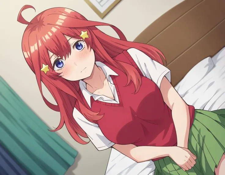 score_9, score_8_up, score_7_up, source_anime,
itsukinakano, <lora:itsuki-nakano-s1-ponyxl-lora-nochekaiser:1>,
itsuki nakano, bangs, blue eyes, hair between eyes, ahoge, red hair, star \(symbol\), hair ornament, star hair ornament, mature female,
skirt, shirt, school uniform, collarbone, white shirt, short sleeves, pleated skirt, socks, collared shirt, miniskirt, kneehighs, white socks, green skirt, sweater vest, red sweater vest,
indoors, bed, bed room, on side, blush, drunk,
looking at viewer, cowboy shot, dutch angle, solo,