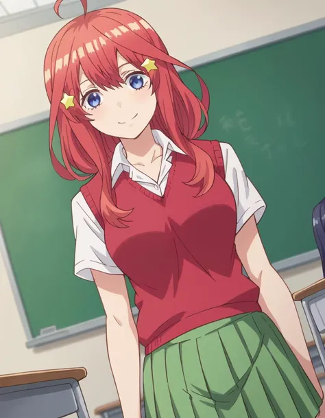 score_9, score_8_up, score_7_up, source_anime,
itsukinakano, <lora:itsuki-nakano-s1-ponyxl-lora-nochekaiser:1>,
itsuki nakano, bangs, blue eyes, hair between eyes, ahoge, red hair, star \(symbol\), hair ornament, star hair ornament, mature female,
skirt, shirt, school uniform, collarbone, white shirt, short sleeves, pleated skirt, socks, collared shirt, miniskirt, kneehighs, white socks, green skirt, sweater vest, red sweater vest,
indoors, classroom, smile,
looking at viewer, cowboy shot, dutch angle, solo,