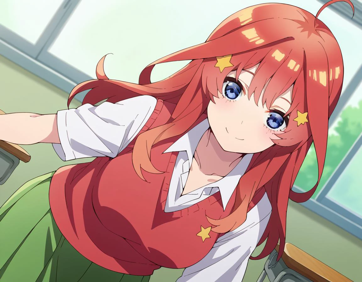 score_9, score_8_up, score_7_up, source_anime,
itsukinakano, <lora:itsuki-nakano-s2-ponyxl-lora-nochekaiser:1>,
itsuki nakano, bangs, blue eyes, hair between eyes, ahoge, red hair, star \(symbol\), hair ornament, star hair ornament, mature female,
skirt, shirt, school uniform, collarbone, white shirt, short sleeves, pleated skirt, socks, collared shirt, miniskirt, kneehighs, white socks, green skirt, sweater vest, red sweater vest,
indoors, classroom, smile, bent over,
looking at viewer, cowboy shot, solo, dutch angle,