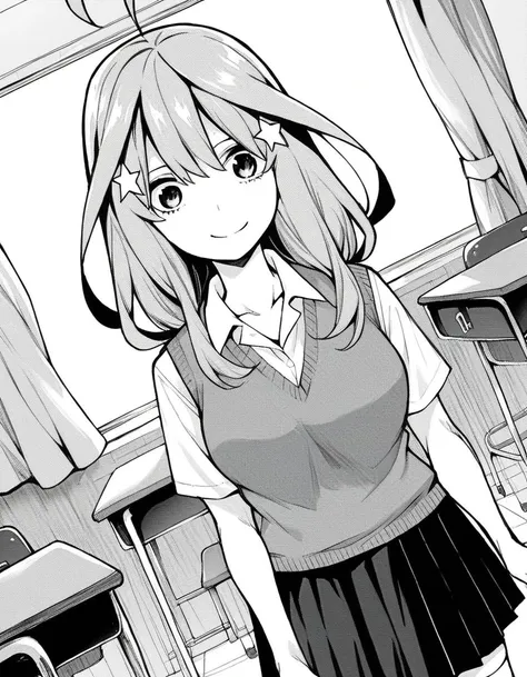 score_9, score_8_up, score_7_up, source_anime,
itsukinakano, <lora:itsuki-nakano-manga-ponyxl-lora-nochekaiser:1>,
itsuki nakano, bangs, hair between eyes, ahoge, star \(symbol\), hair ornament, star hair ornament, monochrome, greyscale,
skirt, shirt, school uniform, collarbone, white shirt, short sleeves, pleated skirt, socks, collared shirt, miniskirt, kneehighs, white socks, sweater vest,
indoors, classroom, smile,
looking at viewer, cowboy shot, dutch angle, solo, mature female,