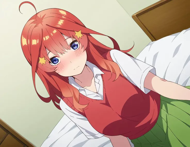score_9, score_8_up, score_7_up, source_anime,
itsukinakano, <lora:itsuki-nakano-s2-ponyxl-lora-nochekaiser:1>,
itsuki nakano, bangs, blue eyes, hair between eyes, ahoge, red hair, star \(symbol\), hair ornament, star hair ornament, mature female,
skirt, shirt, school uniform, collarbone, white shirt, short sleeves, pleated skirt, socks, collared shirt, miniskirt, kneehighs, white socks, green skirt, sweater vest, red sweater vest,
indoors, bed, bed room, on side, blush, drunk,
looking at viewer, cowboy shot, solo, dutch angle,