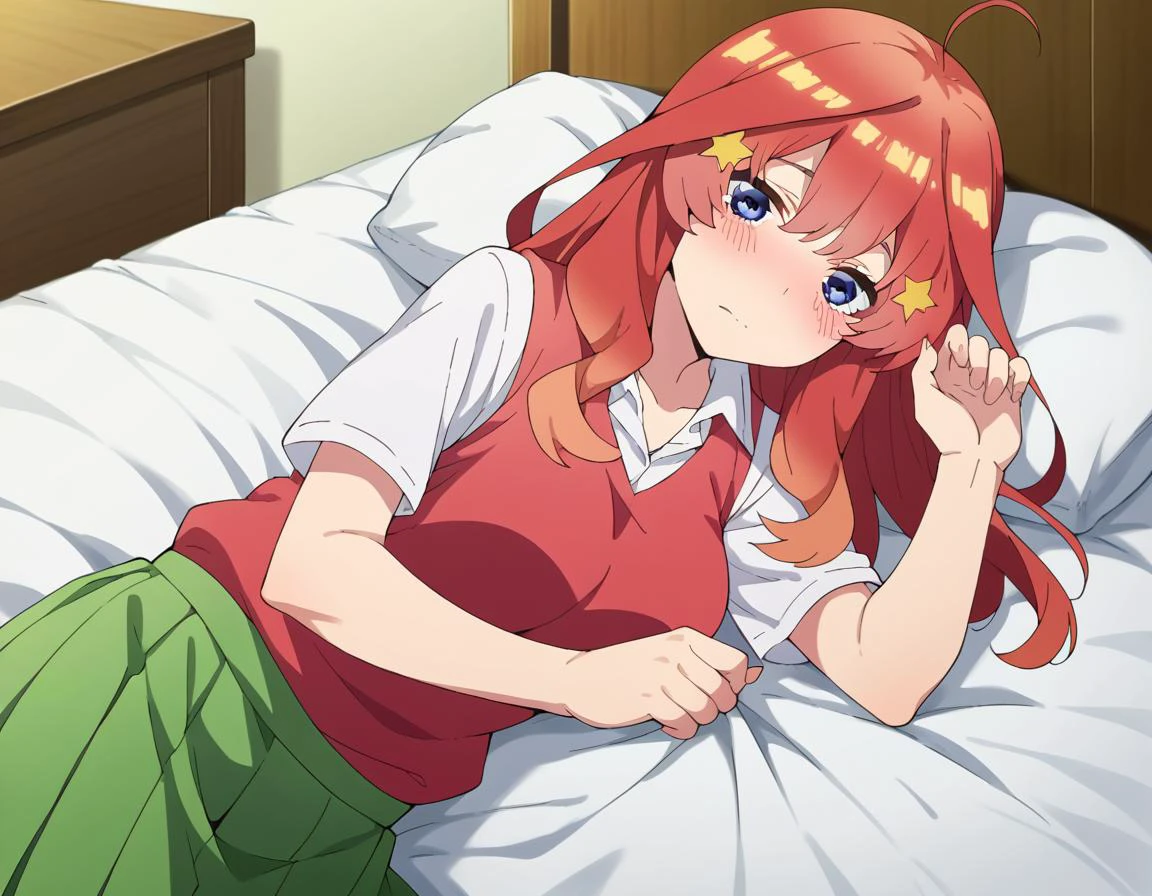 score_9, score_8_up, score_7_up, source_anime,
itsukinakano, <lora:itsuki-nakano-s2-ponyxl-lora-nochekaiser:1>,
itsuki nakano, bangs, blue eyes, hair between eyes, ahoge, red hair, star \(symbol\), hair ornament, star hair ornament, mature female,
skirt, shirt, school uniform, collarbone, white shirt, short sleeves, pleated skirt, socks, collared shirt, miniskirt, kneehighs, white socks, green skirt, sweater vest, red sweater vest,
indoors, bed, bed room, on side, blush, drunk,
looking at viewer, cowboy shot, solo, dutch angle,