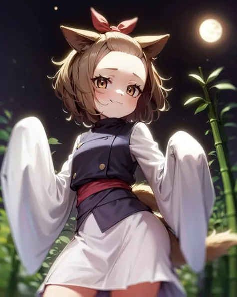 1girl, brown hair, brown eyes, bangs pinned back, forehead, animal ears, animal tail, very long sleeves, petite, kimono, :3, smug,
outdoors, night sky, moon, bamboo,
<lora:ashblossom-000006:1>