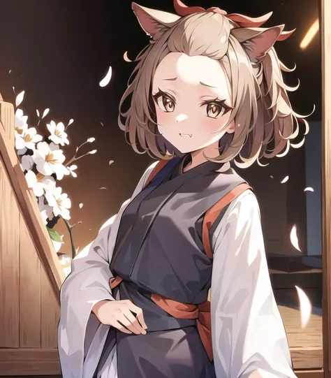 masterpiece, best quality, 1girl,, <lora:ashBlossomJoyousSpring_e6:1>, ashblossom, brown hair, brown eyes, animal ears, forehead, bangs pinned back, kimono, very long sleeves, smug