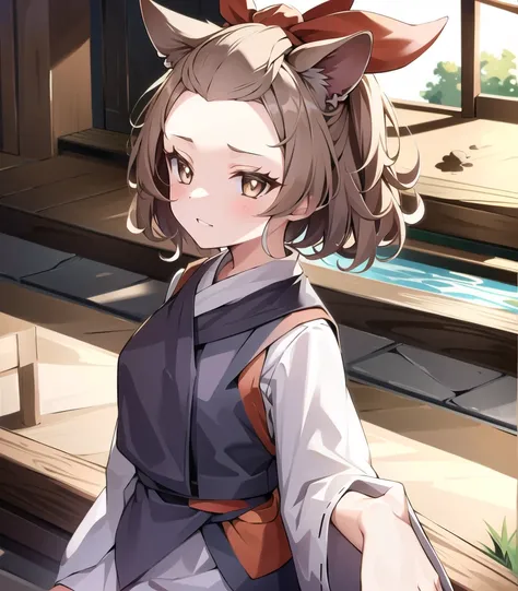 masterpiece, best quality, 1girl, <lora:ashBlossomJoyousSpring_e6:1>, ashblossom, brown hair, brown eyes, animal ears, forehead, bangs pinned back, kimono, very long sleeves, smug