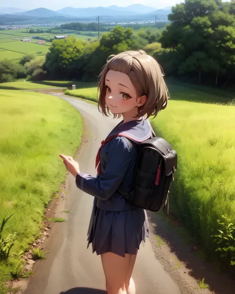 1girl, brown hair, brown eyes, bangs pinned back, serafuku, school uniform, backpack, dirt path, smug,
outdoors, japanese countryside, rice paddy,
<lora:ashblossom-000006:1>