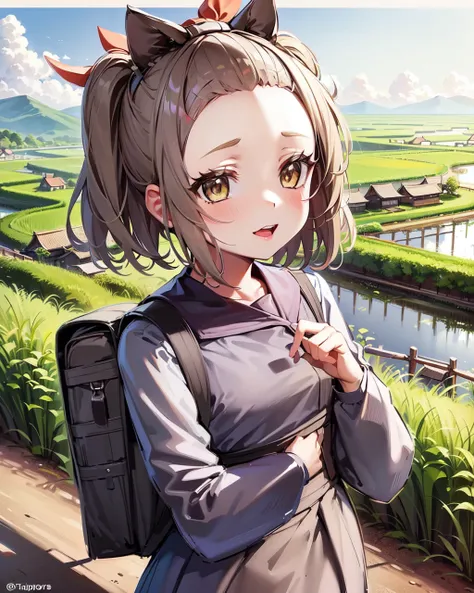1girl, brown hair, brown eyes, bangs pinned back, school uniform, backpack, dirt path,
outdoors, japanese countryside, rice paddy,
<lora:ashblossom-000006:1>