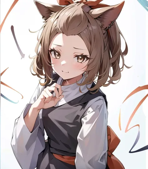 masterpiece, best quality, 1girl,, <lora:ashBlossomJoyousSpring_e6:1>, ashblossom, brown hair, brown eyes, animal ears, forehead, bangs pinned back, kimono, very long sleeves, smug