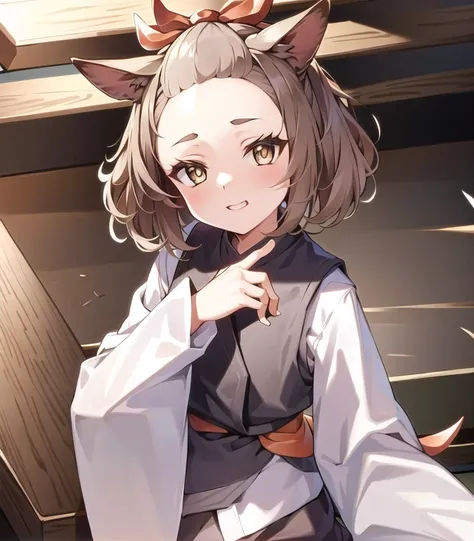 masterpiece, best quality, 1girl, <lora:ashBlossomJoyousSpring_e6:1>, ashblossom, brown hair, brown eyes, animal ears, forehead, bangs pinned back, kimono, very long sleeves, smug