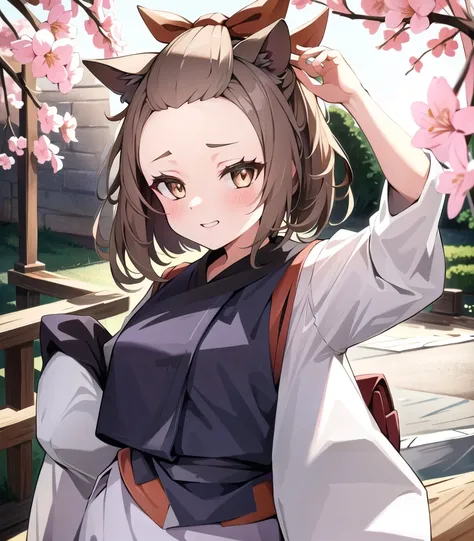 masterpiece, best quality, 1girl, <lora:ashBlossomJoyousSpring_e6:1>, ashblossom, brown hair, brown eyes, animal ears, forehead, bangs pinned back, kimono, very long sleeves, smug
