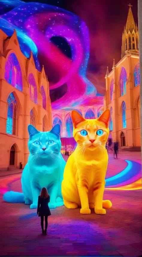Psychedelic style fflix_impphoto Deep inside the cathedral of colorful lights, a mysterious world unfolds in which a surreal girl with blue eyes wanders, lost in an enigmatic, surreal dreamscape, watched over by a large flying cat. Cinematic, non-standard, expressive shot, professional light and bokeh <lora:fflix_impphoto:1> . Vibrant colors, swirling patterns, abstract forms, surreal, trippy