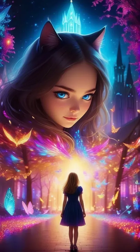 Abstract style fflix_impphoto Deep inside the cathedral of colorful lights, a mysterious world unfolds in which a surreal girl with blue eyes wanders, lost in an enigmatic, surreal dreamscape, watched over by a large flying cat. Cinematic, non-standard, expressive shot, professional light and bokeh <lora:fflix_impphoto:1> . Non-representational, colors and shapes, expression of feelings, imaginative, highly detailed