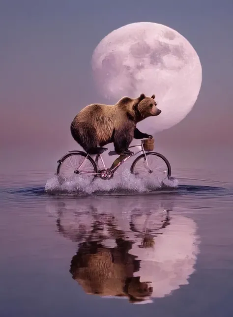 fflix_impphoto, a photo of a bear riding a bicycle on water, woman ballerina, moon, beach <lora:fflix_impphoto:1>
