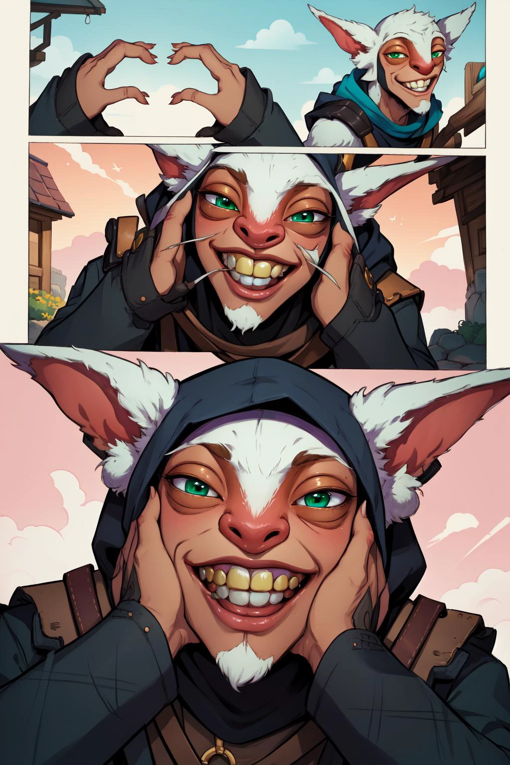 (masterpiece, best quality, absurdres, 4k, aesthetic, detailed, intricate),incrssnootchallenge,comic, pov hands,1boy,meepo, hood, animal ears, green eyes, teeth, grin, furry <lora:Meepo:0.9> <lora:SnootChallenge:0.8>
