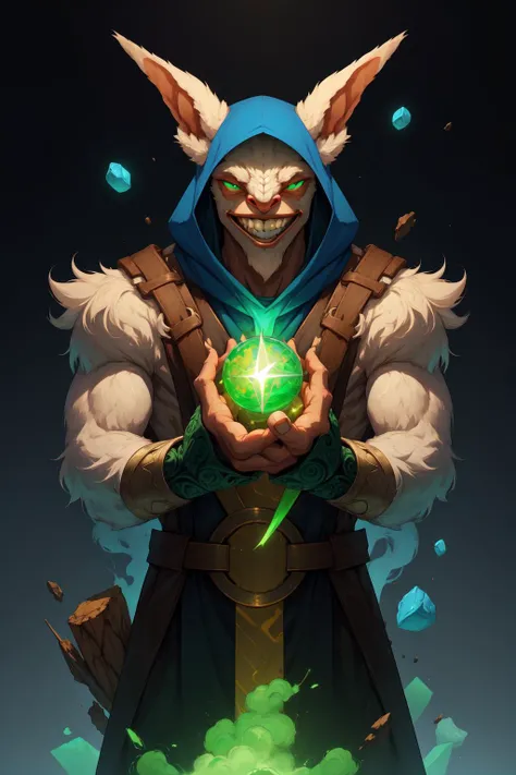(masterpiece, best quality, absurdres, 4k, aesthetic, detailed, intricate),abstract background,floating debris,green energy,green aura,magic,r1ge,1boy,meepo, hood, animal ears, green eyes, teeth, grin, furry <lora:Meepo:0.9> <lora:r1ge - AnimeRage:0.4>