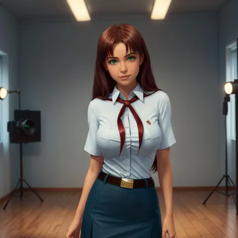 (best quality:1.15), (masterpiece:1.15), (detailed:1.15), (realistic:1.4), (intricate:1.4), award winning photo of olga, (1girl:1.0), (solo:1.0), detailed face, (perfect face:1.0), green eyes, detailed eyes, (realistic eyes:1.2), (white shirt, collared shirt, chest pockets, chest bage, red neckercheif, belt, blue skirt), studio lighting, looking at the camera, dslr, ultra quality, sharp focus, tack sharp, dof, film grain, Fujifilm XT3, crystal clear, 8K UHD <lora:olgalora_v11:0.8>