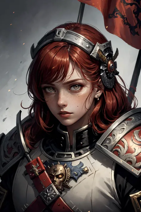 (masterpiece, best quality), stylized digital art, abstract and colorful paint style,
1 girl, adult woman, freckles, grey eyes, auburn lob hair,
portrait, solo, upper body, looking down, detailed background, detailed face, (warhammer 40k theme:1.1), samurai, black samurai armor, samurai helmet, banner in background, cinematic atmosphere,
<lora:grullborgCopycat_grullborgStyleR8V4:0.3>,