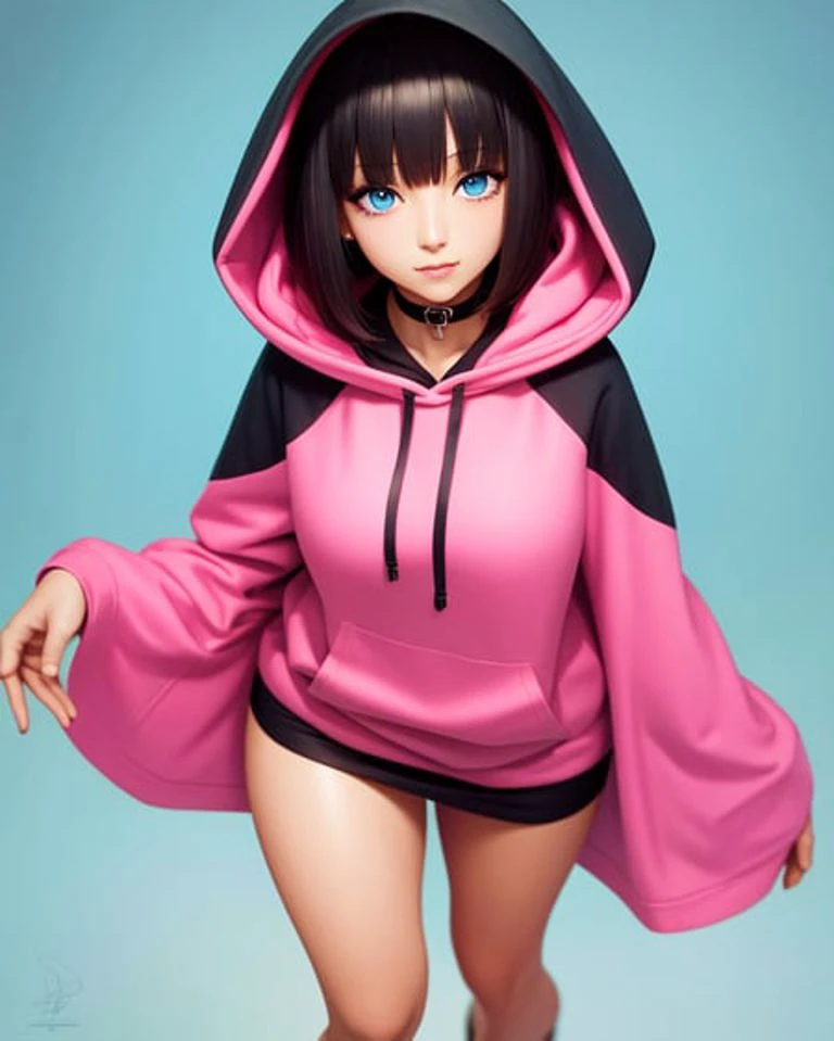 masterpiece, best quality, full body, (mid shot:1.4), ((thick thighs)), medium breasts, skindentation, voluptuous, soft body, (one girl:1.3), (solo:1.3), (bright pink background:1.3), (black hair:1.1), (medium hair, bob cut:1.2), (black hoodie:1.2), (hood down:1.3), (light blue eyes:1.2), (empty eyes:1.1), looking at viewer, ((standing)), (choker), (light smile:1.2), blush, nose blush, (((high resolution illustration))), (extremely detailed, hyper detailed), (((intricate details))), ((detailed eyes)), (insanely detailed facial features), perfect face, authentic skin, perfect eyes, perfect hands, soft lighting