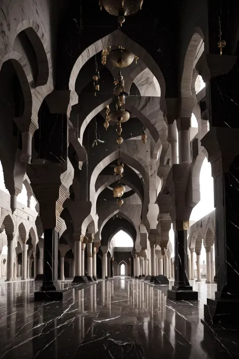 <lora:ArabianTown-10:1> arto the interior of an ancient mosque, (made of black marble:1.3)