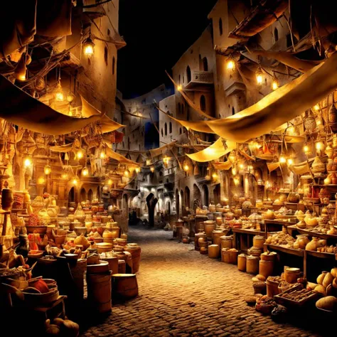 <lora:ArabianTown-10:1> arto , a dark scene at night lit by firelight, a narrow street, a vast marketplace, open stalls, gold, silver, spices in baskets, night sky above