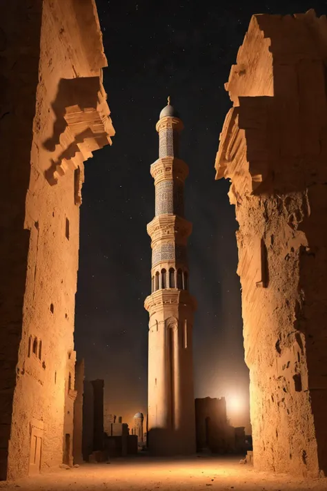 <lora:ArabianTown-10:1> arto , a towering minaret rising above an ancient city at night, dark night sky, viewed from below, foreshortened