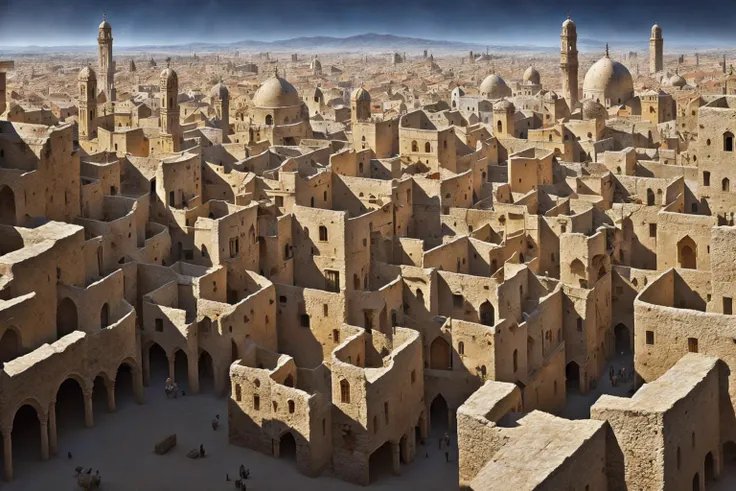 <lora:ArabianTown-10:1> arto a crowded medieval city stretching to the horizon