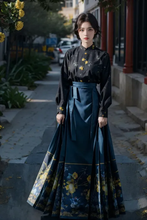 (Best Quality, Masterpiece:1.4), (Realism:1.2), (Realisitc:1.2), (Absurdres:1.2), (photorealistic:1.3), 1girl,Realistic Skin,Solo,( Very Big Eyes,beautiful detailed eyes, symmetric eyes), (cowboy shot:1.4),(long skirt:1.2),(blue flowers print:1.2),(yellow flowers print:1.2),(red flowers print:1.3),(birds print:1.2),(leaf print:1.2),1 girl,full body, (short hair:1.1),black eyes,red lips, (outdoors),<lora:Ma-Mian_skirt:0.75>,