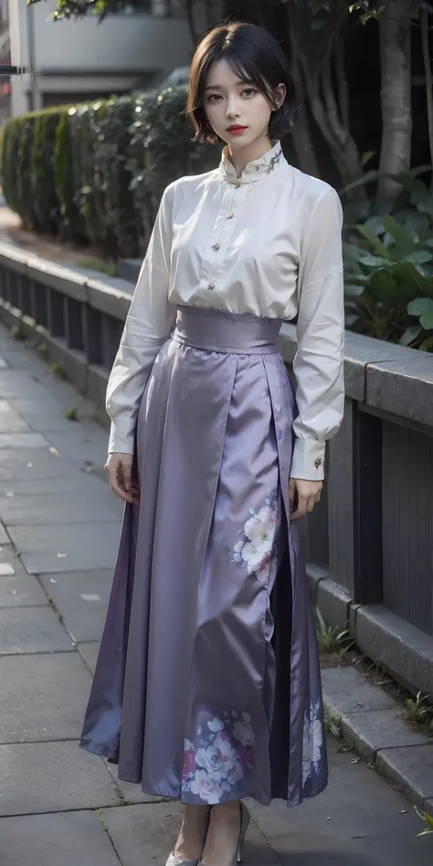 (light purple long skirt:1.2),(flowers print:1.2),(white long sleeves shirt),(feet apart:1.2),(arms behind back:1.2),high heels,1 girl,full body, high heels,(short hair:1.1), (realistic:1.7),((best quality)),absurdres,(ultra high res),(photorealistic:1.6),photorealistic,octane render,(hyperrealistic:1.2), (photorealistic face:1.2), (8k), (4k), (Masterpiece),(realistic skin texture), (illustration, cinematic lighting,wallpaper),( beautiful eyes:1.2),((((perfect face)))),(cute),(standing),(black hair),(short hair),black eyes,red lips, (outdoors),<lora:Ma-Mian_skirt:0.55>, <lora:JapaneseDollLikeness_v15:0.4>,