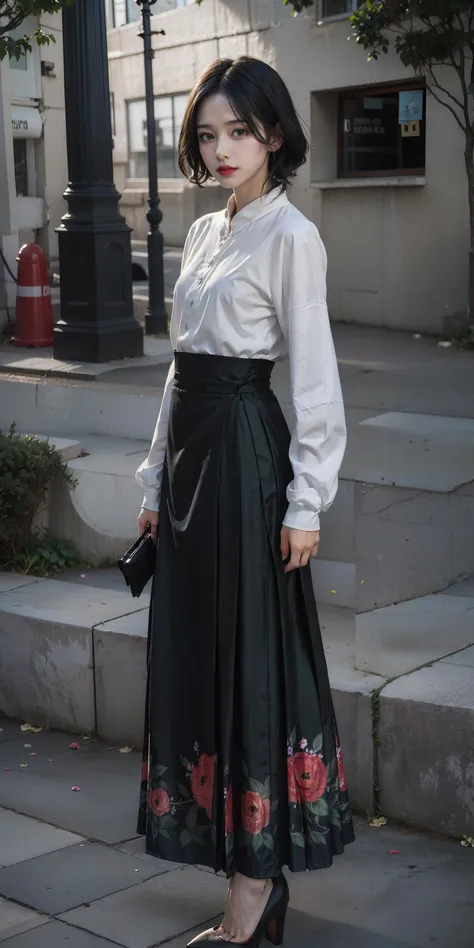(dark green printed long skirt:1.2),(flowers print:1.2),(white long sleeves),high heels,1 girl,full body, high heels,(short hair:1.1), (realistic:1.7),((best quality)),absurdres,(ultra high res),(photorealistic:1.6),photorealistic,octane render,(hyperrealistic:1.2), (photorealistic face:1.2), (8k), (4k), (Masterpiece),(realistic skin texture), (illustration, cinematic lighting,wallpaper),( beautiful eyes:1.2),((((perfect face)))),(cute),(standing),(black hair),(short hair),black eyes,red lips, (outdoors),<lora:Ma-Mian_skirt:0.55>, <lora:JapaneseDollLikeness_v15:0.4>,