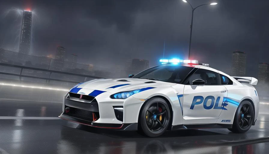 a police car, white and blue struips, neon lightning, rain, head lights, drifting, realistic, ultra hd, 8k, city, buildings, Nissan GT-R, need for speed