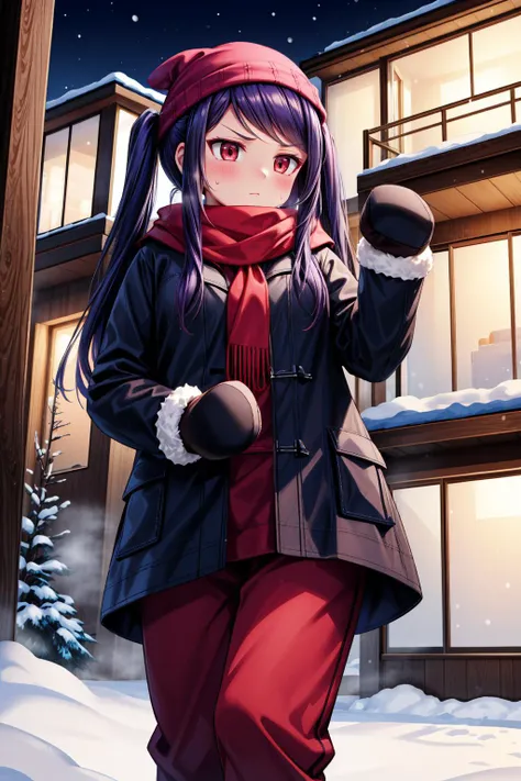 masterpiece, best quality, <lora:jillstingray-nvwls-v1-000009:0.9> defJill, twintails, red scarf, black coat, fur trim, mittens, sweatpants, winter, snow, from below, furrowed brow, beanie, night