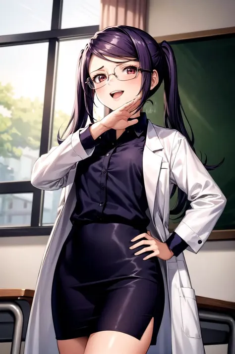 (masterpiece, best quality, detailed), 1girl, solo, looking at viewer, defJill, twintails, scientist, labcoat, glasses, collared shirt, pencil skirt, indoors, classroom, school desk, window, school chair, curtains, chalkboard, wind, <lora:OjouSamaPose:1>, ojou-sama pose, laughing, hand on hip, naughty face, smug