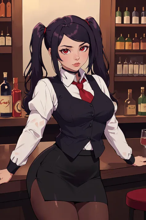 (masterpiece,best quality,absurdres,beautiful,sharp,detailed),inside bar,1girl,defJill, twintails, turtleneck, collared shirt, long sleeves, red necktie, vest, black skirt, pantyhose <lora:jillstingray-nvwls-v1:0.7>