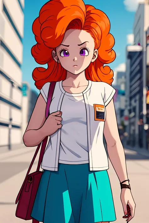 (masterpiece, best quality), 1girl,   <lora:cocoangela_v5_prod:1> angela, orange hair, purple eyes, curly hair, long hair   white t-shirt, teal skirt, short sleeves || yellow dress, white open sweater, sleeveless, handbag, shoulder strap