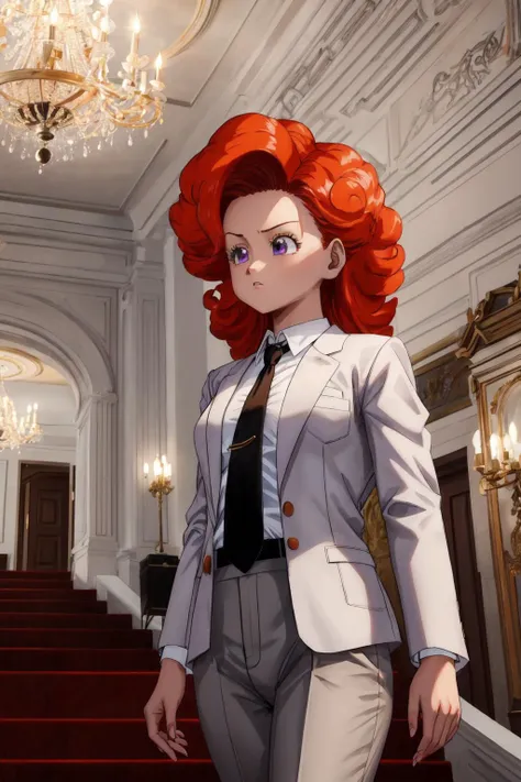 angela,1girl, orange hair, purple eyes, (curly hair), [medium|long] hair,grey suit, (grey blazer), grey pants, white collared shirt, (black necktie),indoors, big fancy room, white staircase in the background, gala, red carpet,chandelier, hair behind ear,serious, (best quality,  masterpiece) <lora:cocoangela_v1:1>