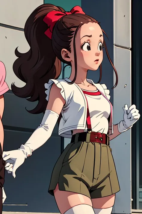 (masterpiece, best quality), 1girl,  <lora:cocoangela_v5_prod:1> cocoa, brown hair, black eyes, ponytails, long sideburns || pink dress, frills, red belt, red hair bow, white elbow gloves, white thighhighs ,olive green jacket, brown shirt, army green pants, suspender pants