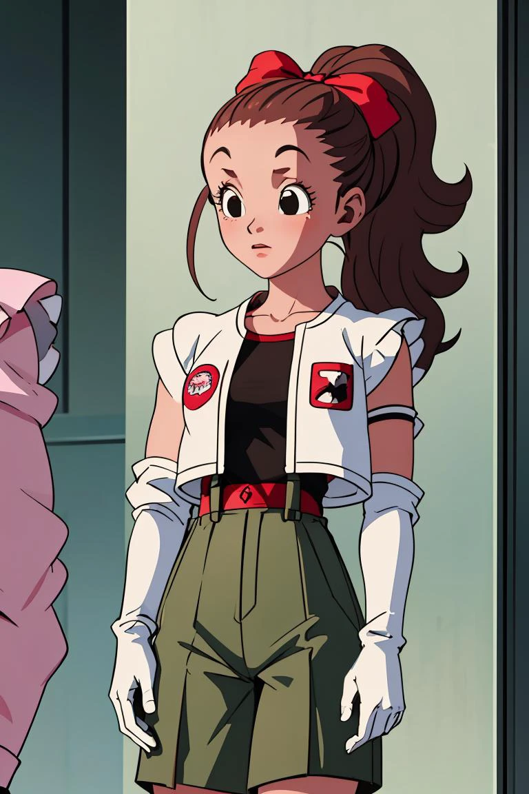 (masterpiece, best quality), 1girl, <lora:cocoangela_v5_prod:1> cocoa, brown hair, black eyes, ponytails, long sideburns || pink dress, frills, red belt, red hair bow, white elbow gloves, white thighhighs ,olive green jacket, brown shirt, army green pants, suspender pants