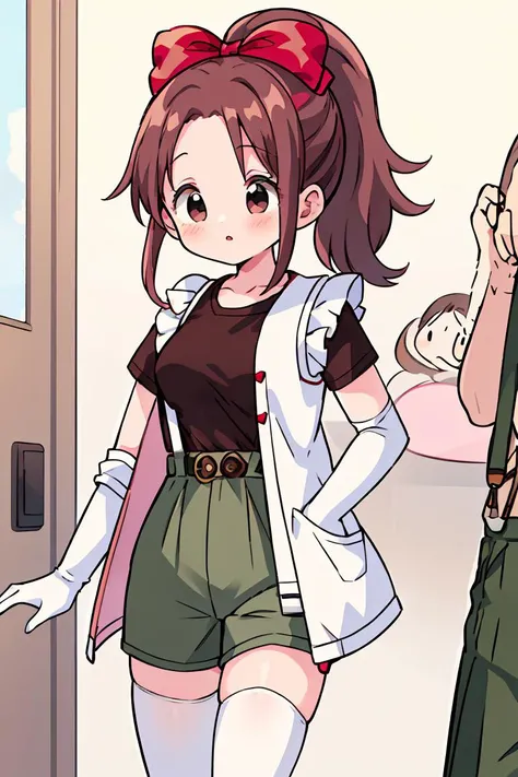 (masterpiece, best quality), 1girl, <lora:cocoangela_v5_prod:1> cocoa, brown hair, black eyes, ponytails, long sideburns || pink dress, frills, red belt, red hair bow, white elbow gloves, white thighhighs ,olive green jacket, brown shirt, army green pants, suspender pants