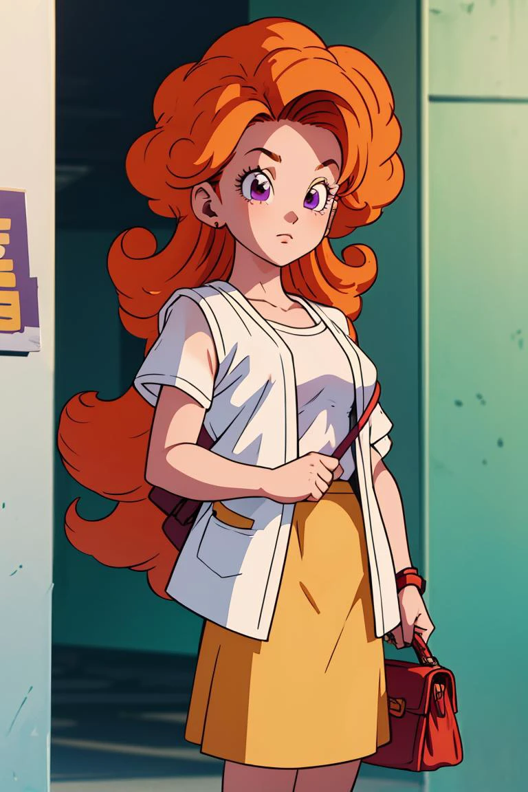 (masterpiece, best quality), 1girl, <lora:cocoangela_v5_prod:1> angela, orange hair, purple eyes, curly hair, long hair white t-shirt, teal skirt, short sleeves || yellow dress, white open sweater, sleeveless, handbag, shoulder strap